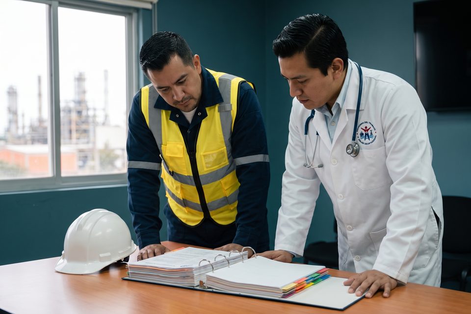 Gerente de HSE y médico MEDLAB revisan la carpeta de cumplimiento de seguridad y salud en una oficina industrial