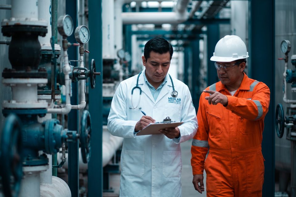 Médico MEDLAB recorre un área de proceso junto a un supervisor de planta tomando notas para el diagnóstico