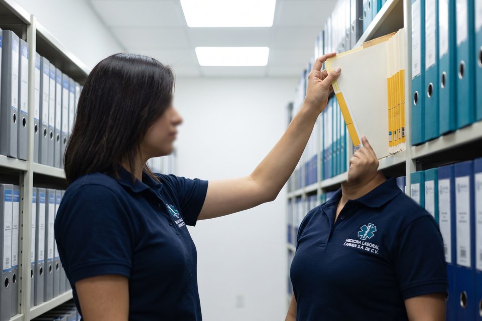 Coordinadora MEDLAB consulta expedientes médicos en el archivo clínico