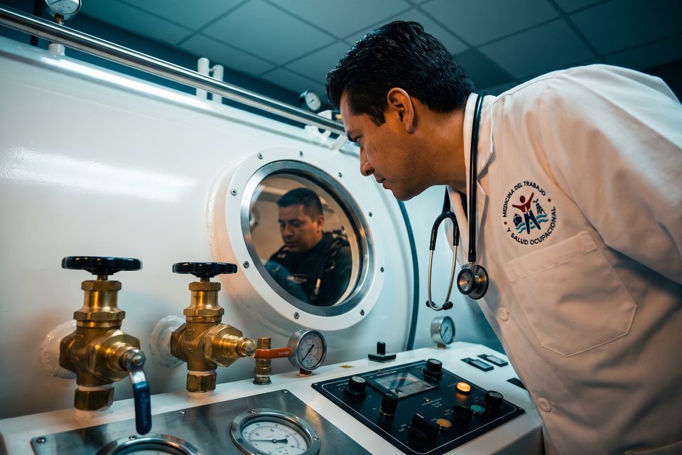 Médico MEDLAB se comunica por la escotilla con un buzo dentro de la cámara de recompresión