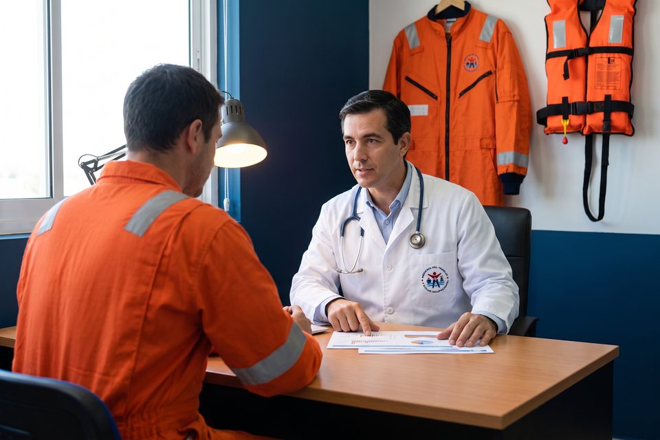 Médico MEDLAB explica los resultados del examen a un trabajador offshore junto al traje de supervivencia