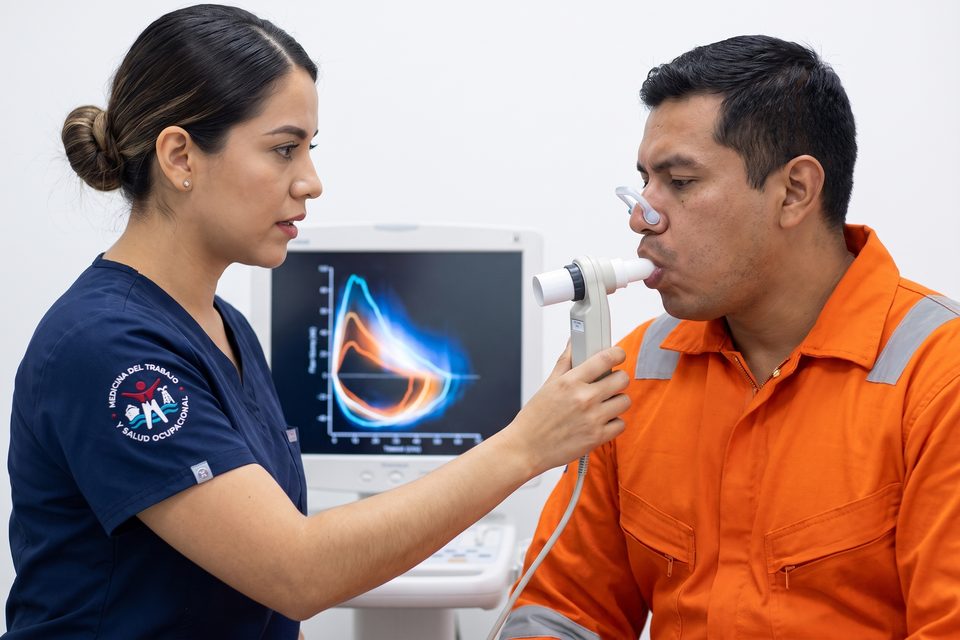 Enfermera MEDLAB guía a un trabajador offshore durante la prueba de espirometría