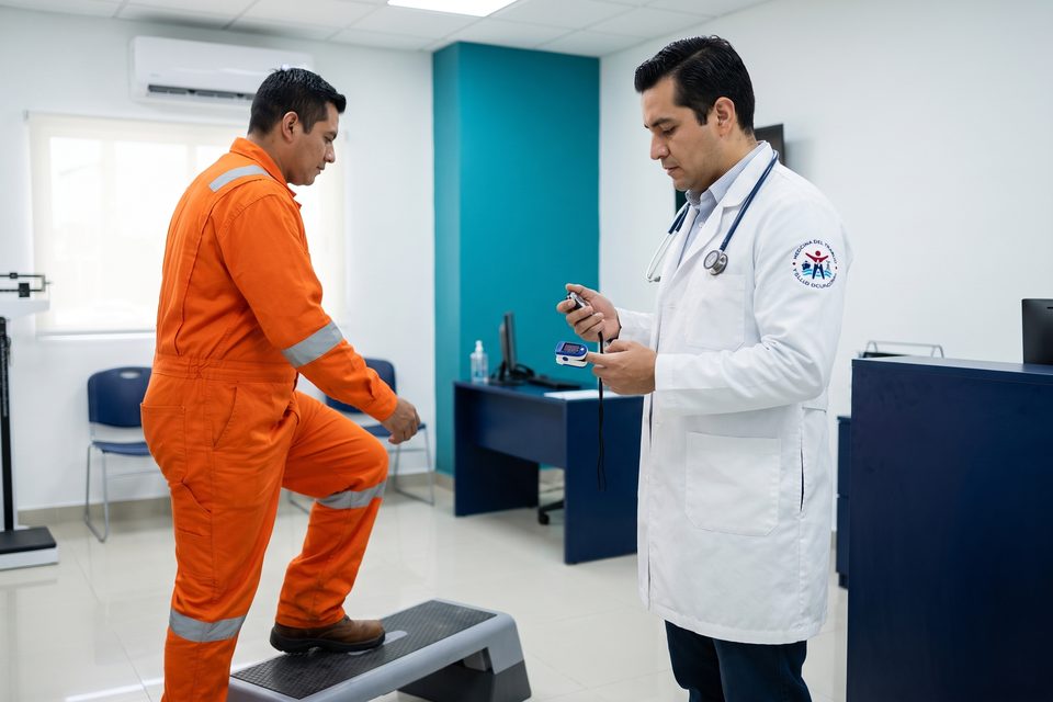 Trabajador offshore realiza una prueba de escalón mientras el médico MEDLAB controla tiempo y oximetría
