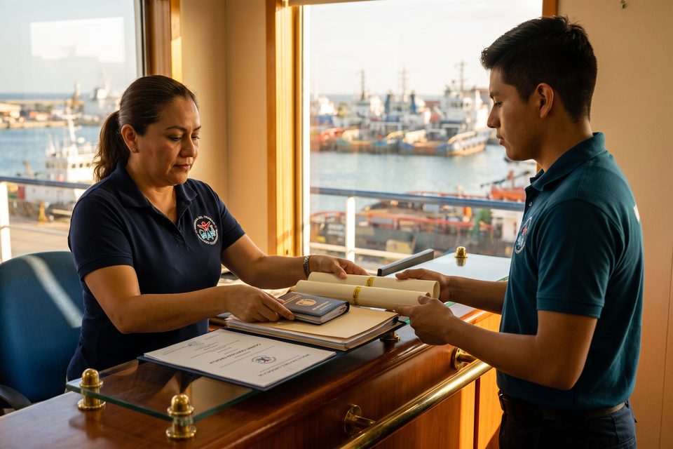 Coordinadora MEDLAB entrega libreta de mar, certificado médico y diplomas a un joven marino frente al puerto