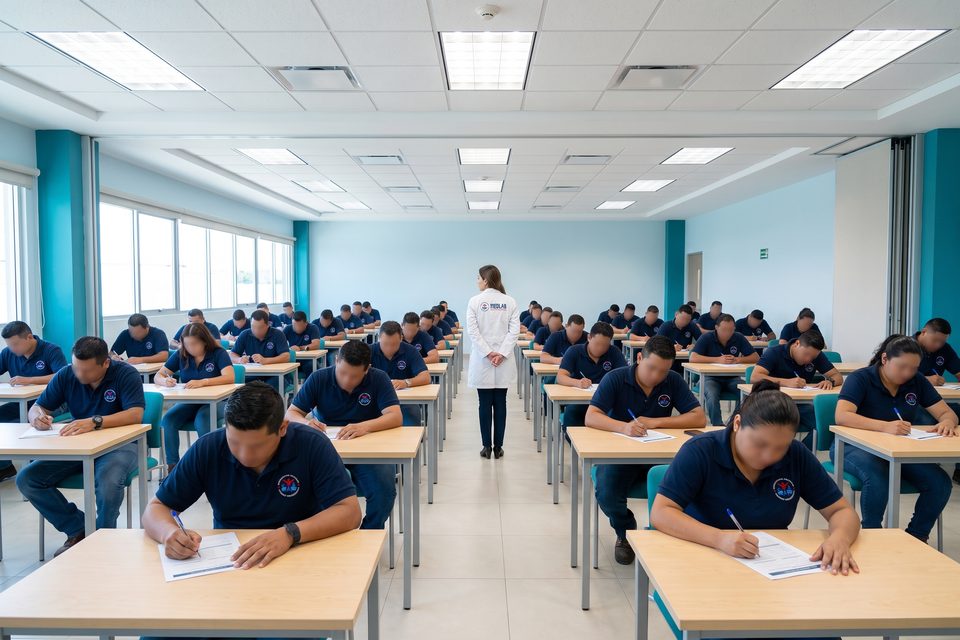 Trabajadores responden el cuestionario de factores psicosociales en aula, supervisados a distancia por la psicóloga MEDLAB