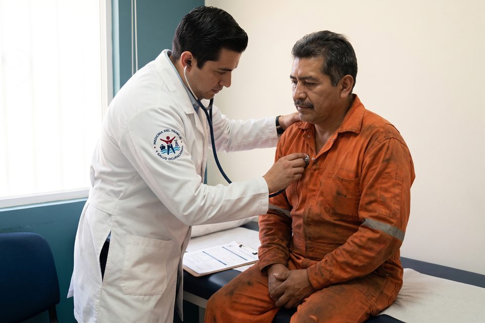 Médico MEDLAB realiza un examen médico ocupacional a un trabajador en overol naranja