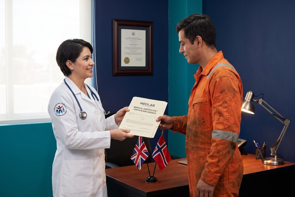 Médico MEDLAB entrega el certificado médico OGUK bilingüe a un trabajador offshore