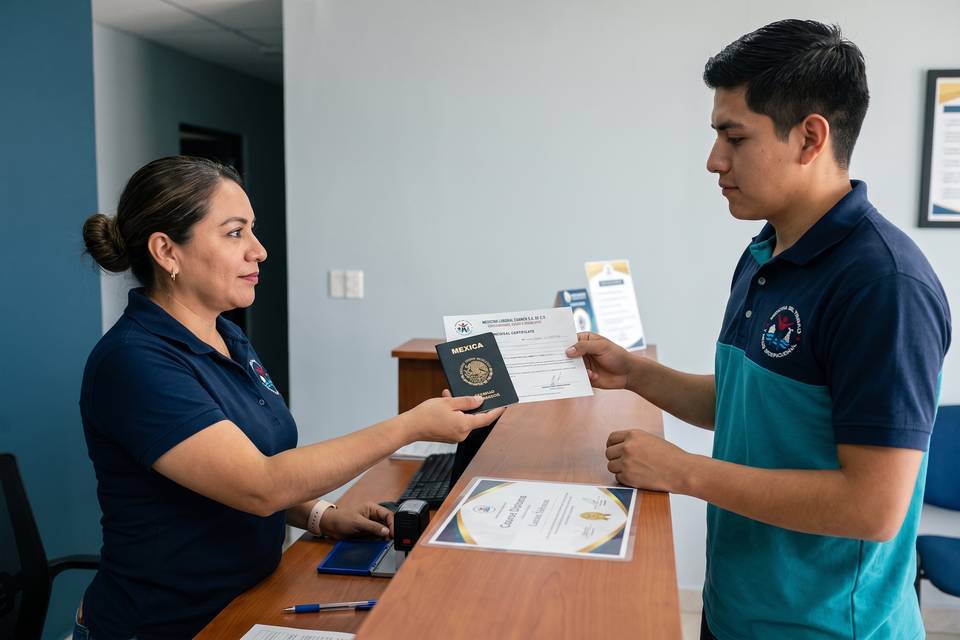 Coordinadora MEDLAB entrega la libreta de mar y el certificado médico a un joven marino