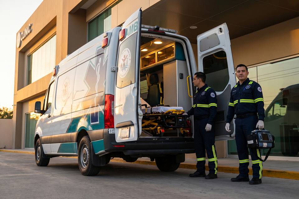 Ambulancia terrestre MEDLAB con paramédicos listos para traslado