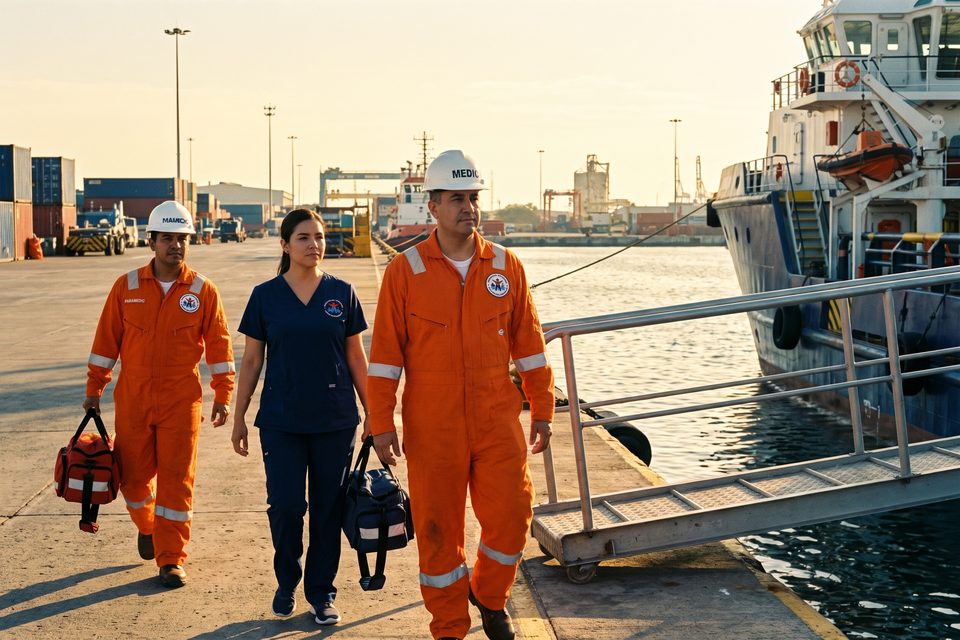 Personal médico MEDLAB camina hacia el muelle listo para embarcar