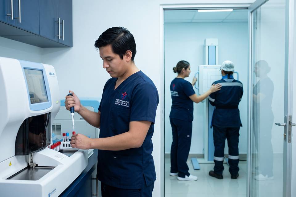 Técnica de laboratorio MEDLAB procesa muestras en el laboratorio de análisis clínicos propio
